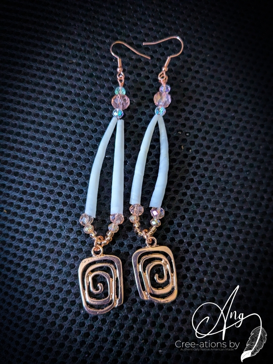 Native American Jewelry - Indigenous Rose Gold Spiral Dentalium Shell Drop Earrings